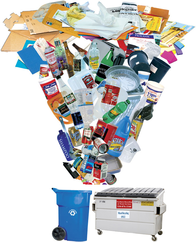 recycling items going into recycling containers